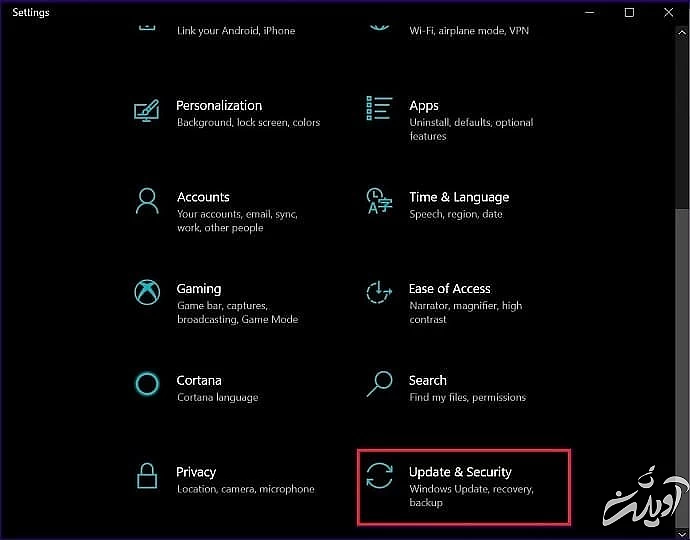 گزینه Update & Security را از تنظیمات ویندوز انتخاب کنید پنجره تنظیمات ویندوز
